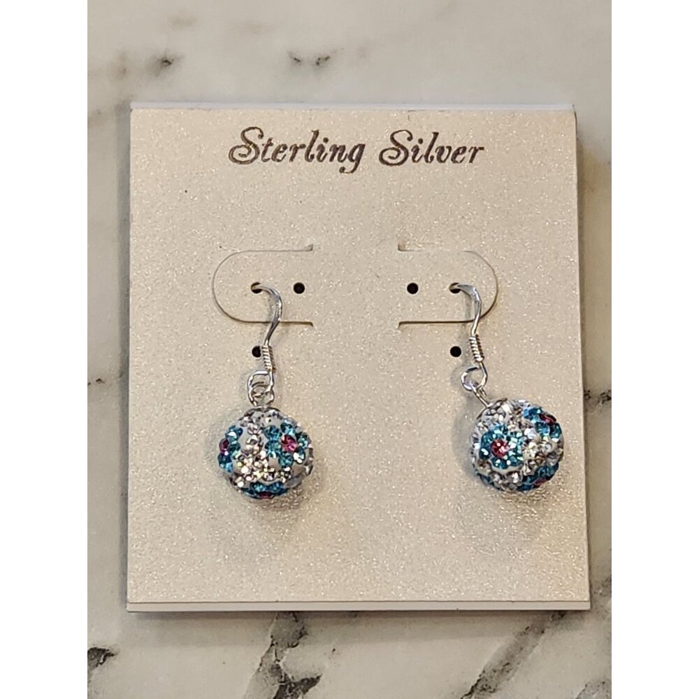 Sterling Silver Dangle Earrings With Multicolored Crystal Ball Design